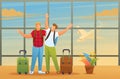 Friends enjoy the opportunity to travel, men at the airport. Flat 2D character. Illustration concept for animation and web design