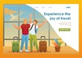 Friends enjoy the opportunity to travel, men at the airport. Flat 2D character. Landing page concepts and web design