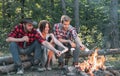 Friends enjoy weekend barbecue in forest. Company friends picnic or barbecue roasting marshmallows near bonfire. Group Royalty Free Stock Photo