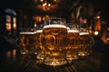 Friends enjoying craft beer at pub closeup of happy hour at bar table with brew glasses and food Royalty Free Stock Photo