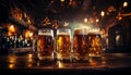 Friends enjoying happy hour at brewery pub, closeup of beer glasses and delicious food Royalty Free Stock Photo