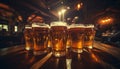 Friends enjoying happy hour at brewery pub, sharing laughter and clinking glasses at the bar table Royalty Free Stock Photo