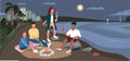 Friends evening picnic at sandy beach flat color vector illustration Royalty Free Stock Photo