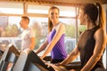 Friends exercising together on treadmill in gym. Royalty Free Stock Photo