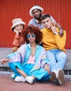 Friends, fashion and gen z, people in portrait and diversity, relax on sidewalk and casual, cool and young. Students Royalty Free Stock Photo