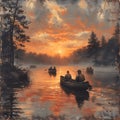 Friends fishing in canoes at dawn on a calm lake. Royalty Free Stock Photo