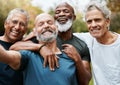 Friends, fitness and exercise with a senior man group outdoor together for a workout or training. Portrait, happy and Royalty Free Stock Photo