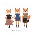 Friends forever funny Kawaii fox girl in dress with pink cheeks, cartoon orange gray black isolated on white dot background. Can Royalty Free Stock Photo