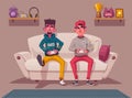 Friends is gaming. Gamers playing video game. Cartoon vector illustration