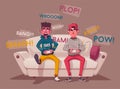 Friends is gaming. Gamers playing video game. Cartoon vector illustration