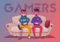 Friends is gaming. Gamers playing video game. Cartoon vector illustration