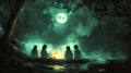 Friends gather around a glowing campfire under a full moon, sharing stories Royalty Free Stock Photo