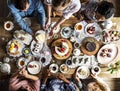 Friends Gathering Together on Tea Party Eating Cakes Enjoyment h Royalty Free Stock Photo