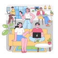 Friends gathering in a vibrant living room. Open window city view. Flat vector illustration Royalty Free Stock Photo