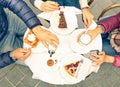 Friends group with cakes coffee and milk at bar restaurant Royalty Free Stock Photo