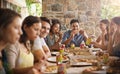 Friends, group and eating of pizza in house with happiness, soda and social gathering for bonding in dining room. Men Royalty Free Stock Photo