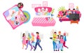 Friends group flat vector illustrations set. Young people spending time, meeting together cartoon characters. Male and female