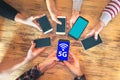 Friends group having fun together using 5G network connection on smartphones, Hands detail sharing wireless connection Royalty Free Stock Photo