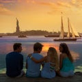 Friends group rear view at sunset fun New York Royalty Free Stock Photo