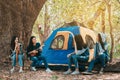 Friends Group of Young Asian women camping and resting at forest Royalty Free Stock Photo