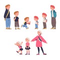 Friends growing up together set. Boys and girls from kids to teenagers. Cycle of life, growing up cartoon vector