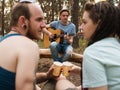 Friends guitar couple picnic party nature concept.