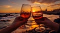 friends hand cheers with wine splash in glass on front sunset beach and sea, bokeh sun flares