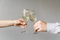 friends hands clinking glasses champagne grey background. High quality photo Royalty Free Stock Photo