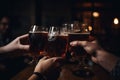 Friends hands drinking beer at brewery pub restaurant AI generated