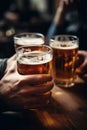 Friends hands drinking beer at brewery pub restaurant AI generated