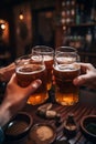 Friends hands drinking beer at brewery pub restaurant AI generated