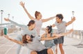 Friends, happy and excited hands outdoors while on exercise break together in gym clothes. Young social circle have