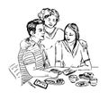 Friends happy talking while drinking coffee, hand drawn doodle, drawing in gravure style Royalty Free Stock Photo