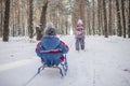 Friends have fun in wonderland, little girl pulls a sledge with brother across winter forest Royalty Free Stock Photo