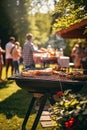 Friends are having a barbecue in the yard. Selective focus. Royalty Free Stock Photo