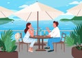 Friends having breakfast in seaside resort cafe flat color vector illustration