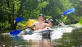 Friends having happiness during rafting on river. Guys in canoe with paddles. Rowing in boat at weekend