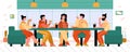 Friends having meeting in pizzeria, flat vector illustration isolated.