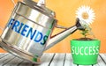 Friends helps achieving success - pictured as word Friends on a watering can to symbolize that Friends makes success grow and it