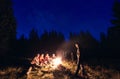 Friends spend an evening by burning fire at campsite in forest.