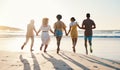 Friends, holding hands and running at sunset on beach in summer, vacation or walking together on holiday break with Royalty Free Stock Photo