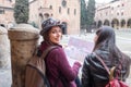 Friends on holiday in Bologna visiting Saint Stephen`s Square Royalty Free Stock Photo