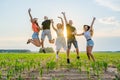 Friends are jumping holding hands at sunset. Royalty Free Stock Photo