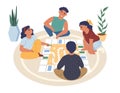 Friends, kids, teens playing board game sitting on the floor, flat vector illustration. Home leisure activities.