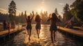 Friends leaping off a wooden dock into a sparkling lake . AI Generated Royalty Free Stock Photo