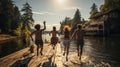 Friends leaping off a wooden dock into a sparkling lake . AI Generated Royalty Free Stock Photo