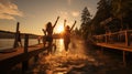 Friends leaping off a wooden dock into a sparkling lake . AI Generated Royalty Free Stock Photo