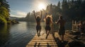 Friends leaping off a wooden dock into a sparkling lake . AI Generated Royalty Free Stock Photo