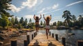 Friends leaping off a wooden dock into a sparkling lake . AI Generated Royalty Free Stock Photo