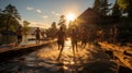 Friends leaping off a wooden dock into a sparkling lake . AI Generated Royalty Free Stock Photo